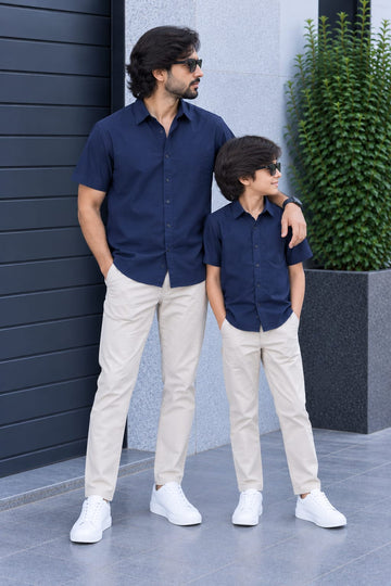 Dad & Son Premium Navy Blue Poplin Cotton Casual Shirt
