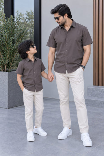 Dad & Son Premium Coffee Brown Poplin Cotton Casual Shirt
