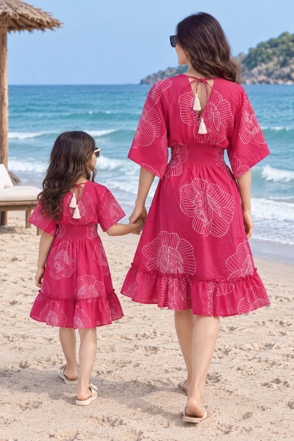 Mom & Daughter Pink Floral Printed Cotton V-Neck Dress