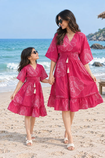 Mom & Daughter Pink Floral Printed Cotton V-Neck Dress