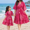 Mom & Daughter Pink Floral Printed Cotton V-Neck Dress