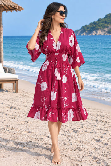 Ruby Floral Printed Smocked Kaftan Dress