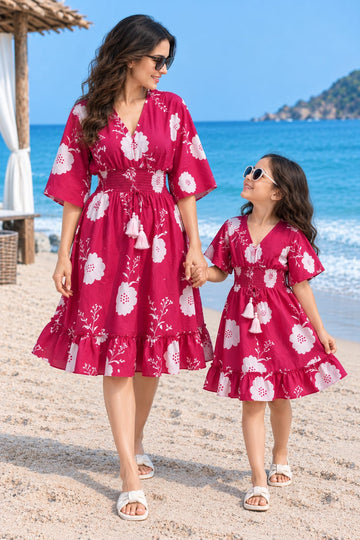 Mom & Daughter Magenta Floral Printed Cotton V-Neck Dress