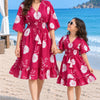 Mom & Daughter Magenta Floral Printed Cotton V-Neck Dress