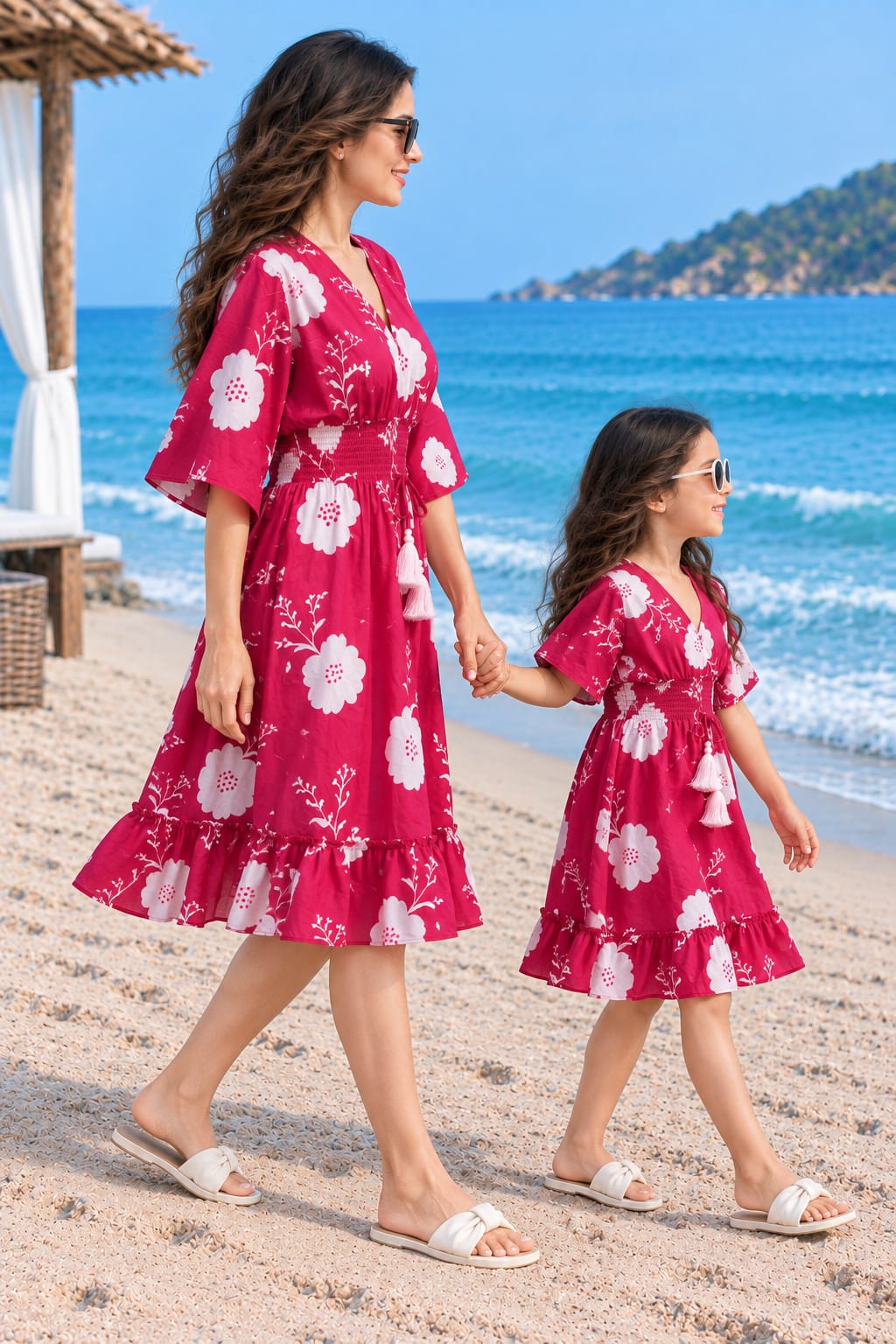 Mom & Daughter Magenta Floral Printed Cotton V-Neck Dress