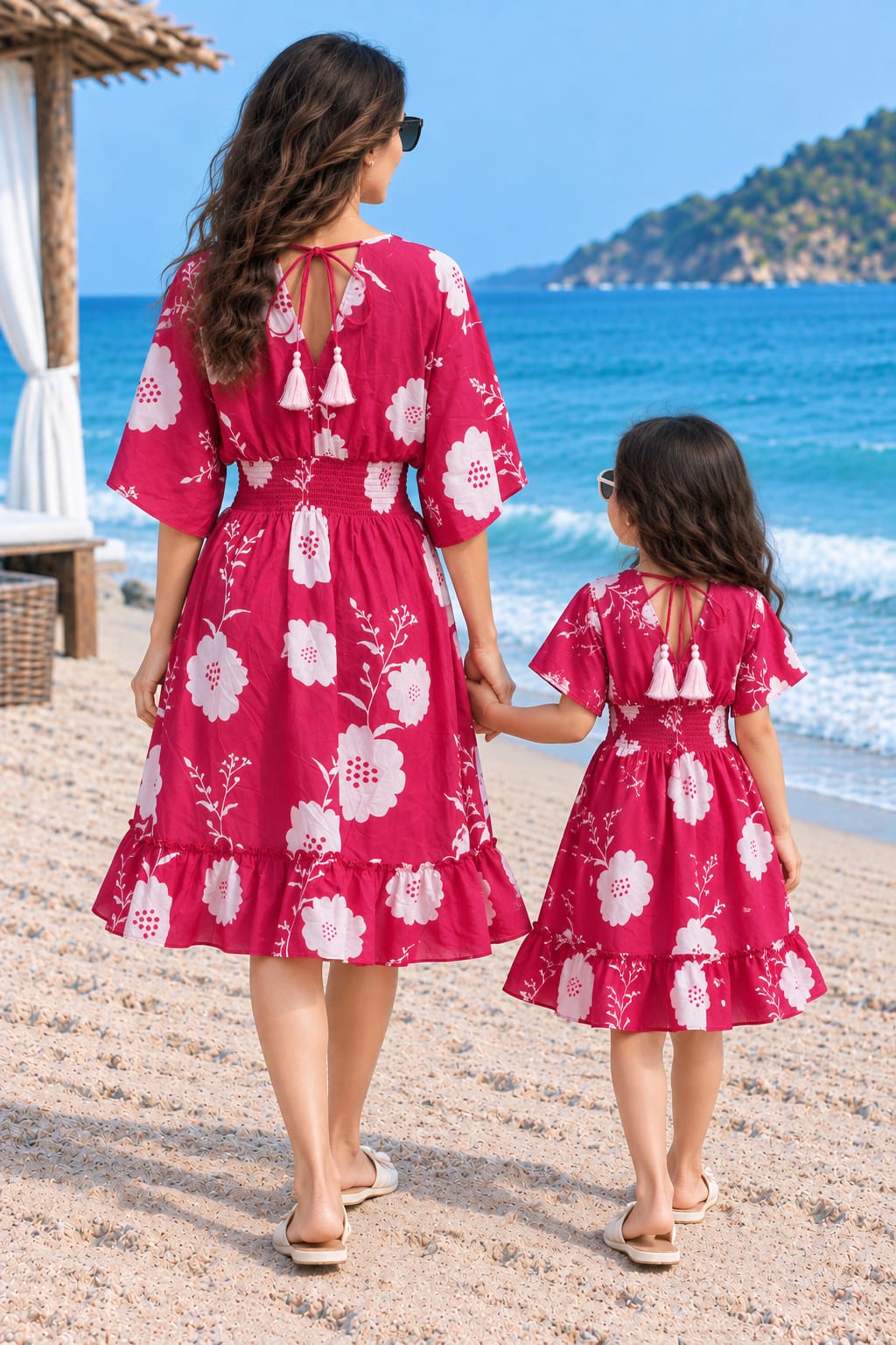 Mom & Daughter Magenta Floral Printed Cotton V-Neck Dress