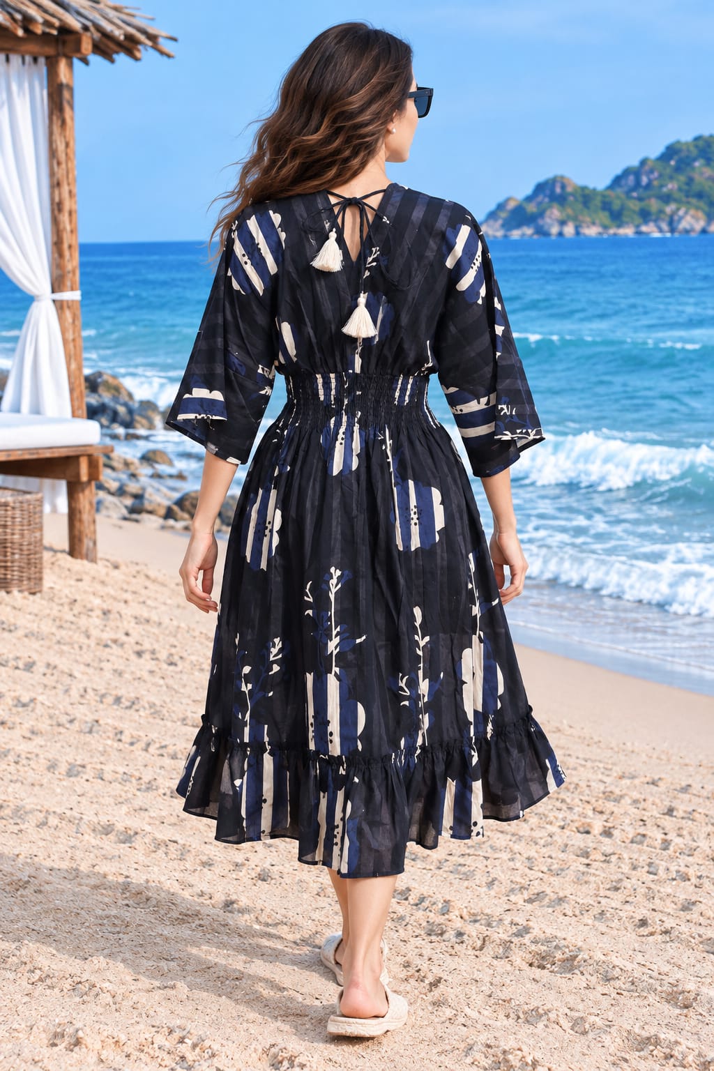 Midnight Blue Printed Smocked Kaftan Dress