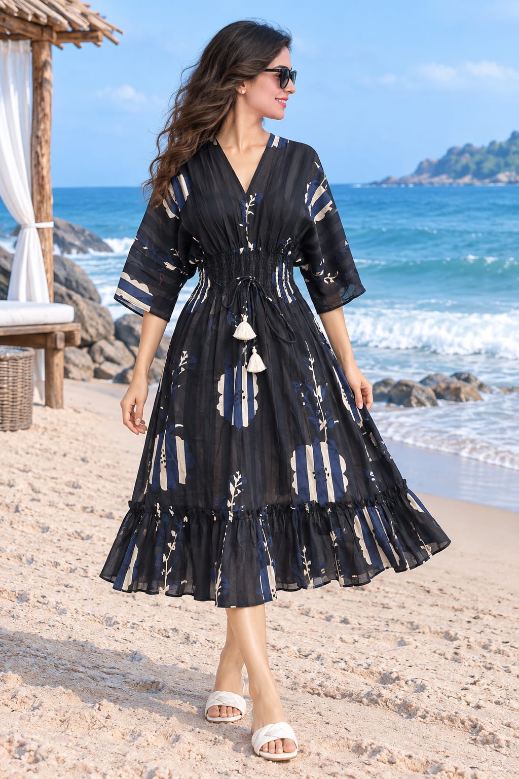 Midnight Blue Printed Smocked Kaftan Dress