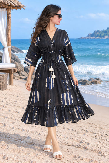 Midnight Blue Printed Smocked Kaftan Dress