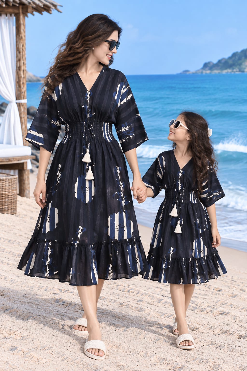 Mom & Daughter Navy Blue Printed Cotton V-Neck Dress