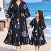 Mom & Daughter Navy Blue Printed Cotton V-Neck Dress
