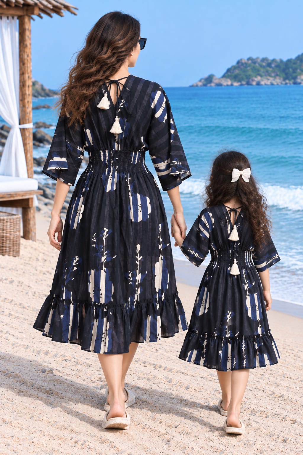 Mom & Daughter Navy Blue Printed Cotton V-Neck Dress