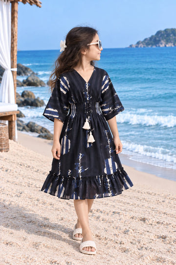 Midnight Blue Printed Girls’ Smocked Kaftan Dress