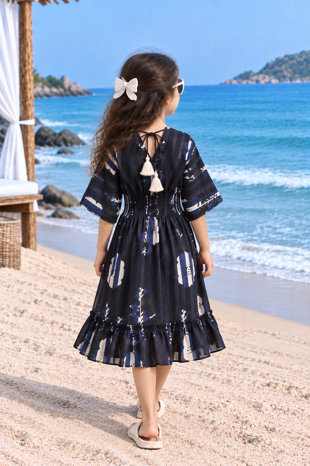 Midnight Blue Printed Girls’ Smocked Kaftan Dress
