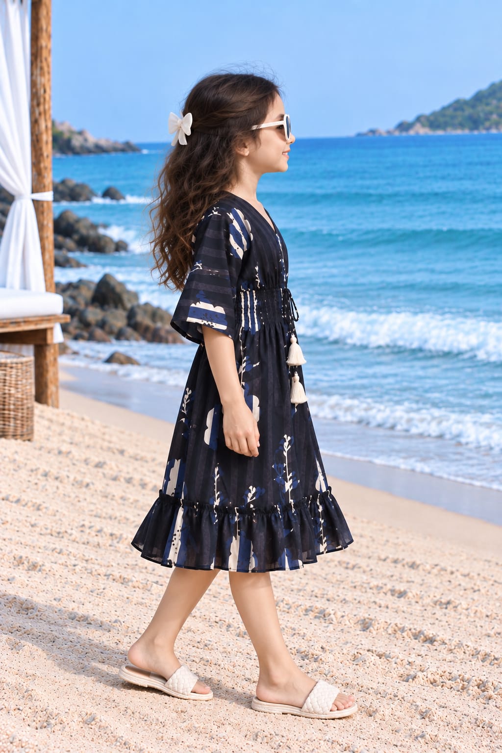 Midnight Blue Printed Girls’ Smocked Kaftan Dress