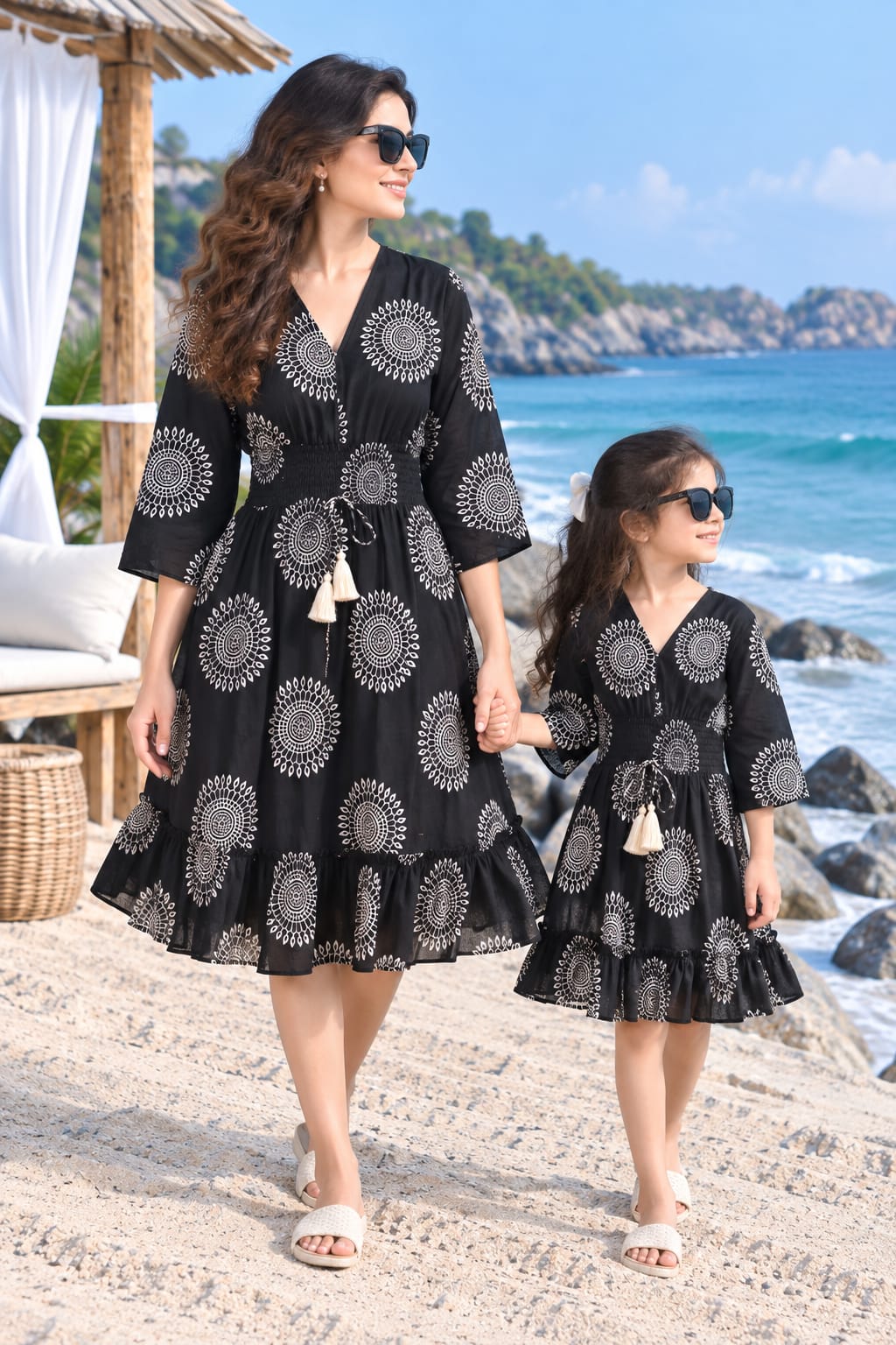 Mom & Daughter Black Printed Cotton V-Neck Dress