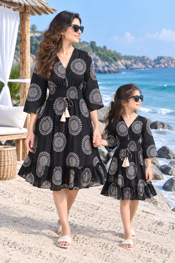 Mom & Daughter Black Printed Cotton V-Neck Dress