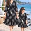 Mom & Daughter Black Printed Cotton V-Neck Dress