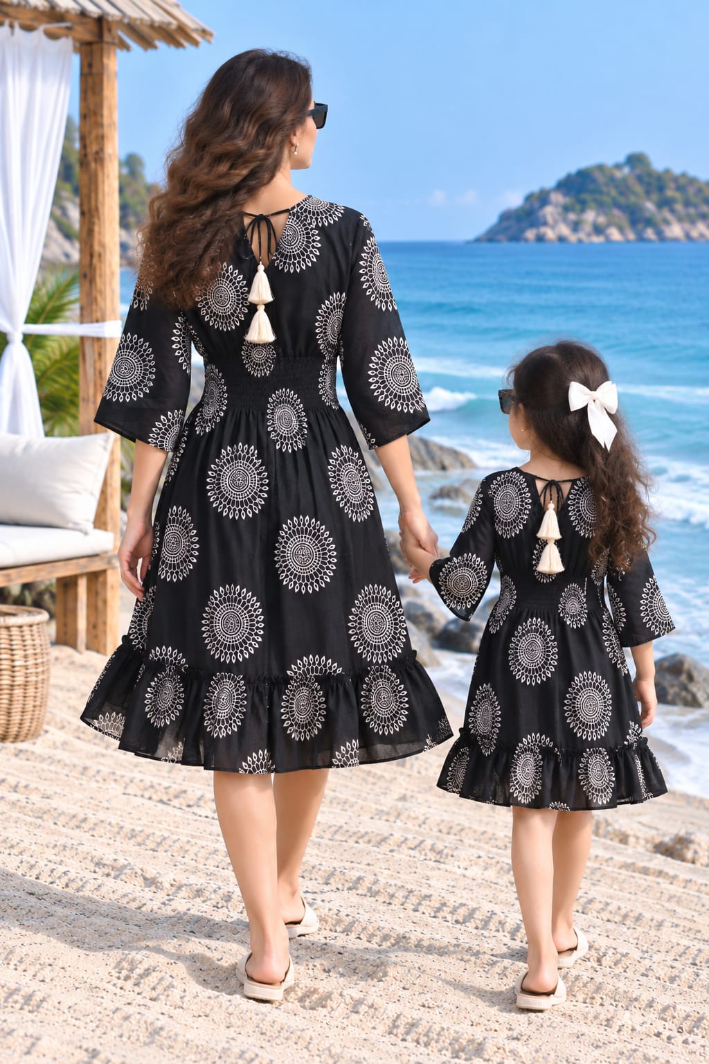 Mom & Daughter Black Printed Cotton V-Neck Dress