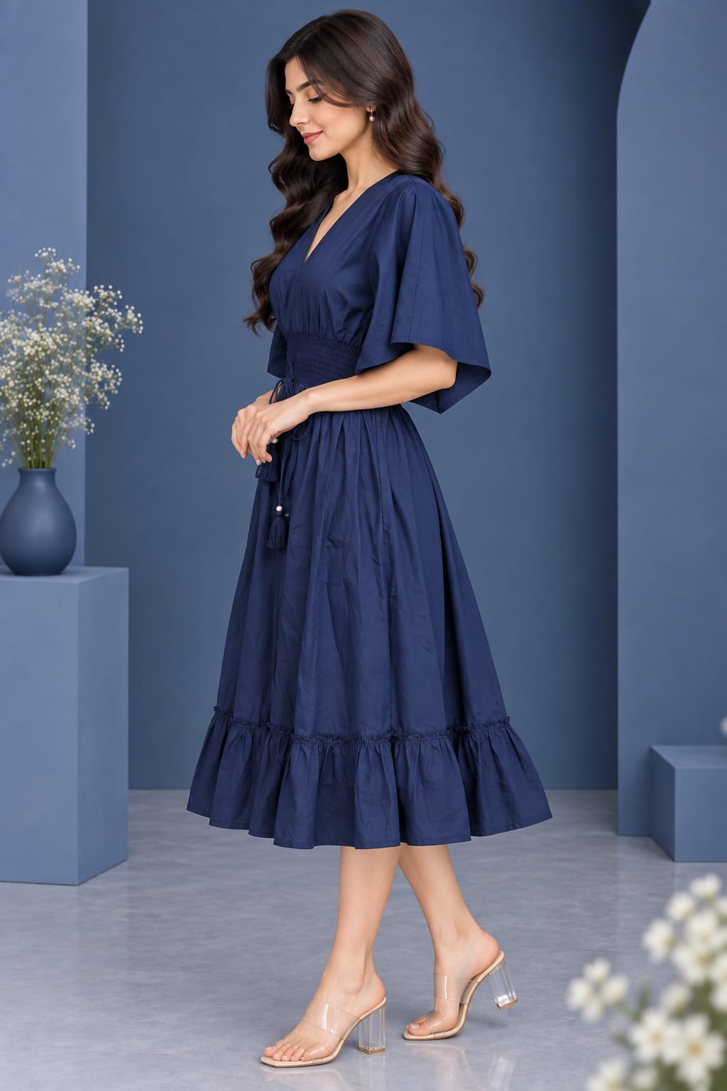 Midnight Navy Smocked Ruffle Kaftan Dress