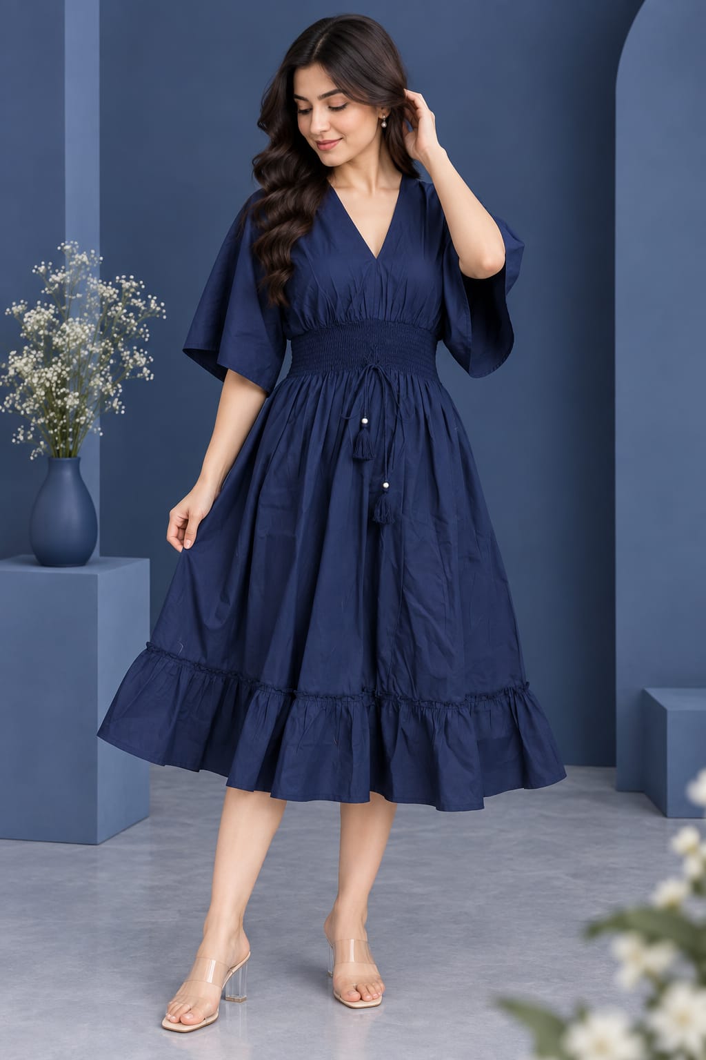 Couple's Navy Blue Solid Cotton Kaftan Dress & Casual Shirt – Matching Couple Outfit Set