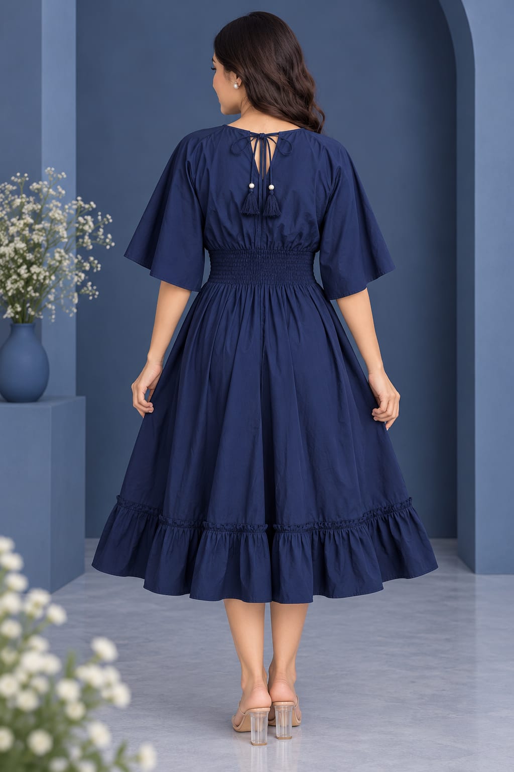 Midnight Navy Smocked Ruffle Kaftan Dress
