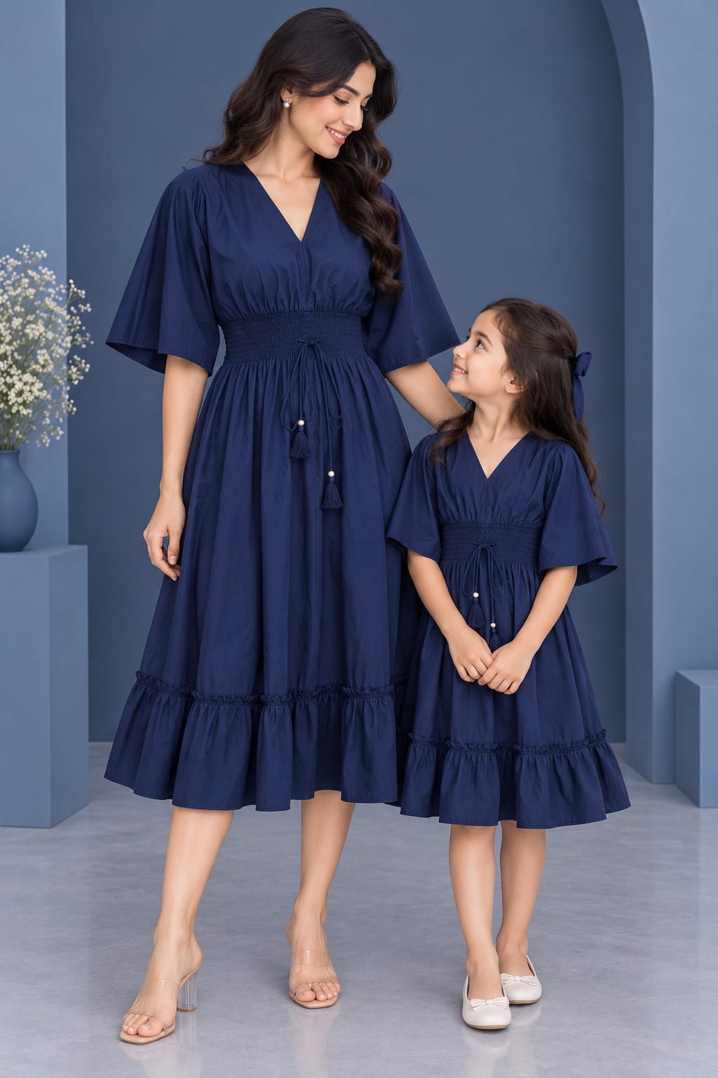 Mom & Daughter Navy Blue Solid Cotton V-Neck Smocked Waist Flared Dress