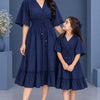 Mom & Daughter Navy Blue Solid Cotton V-Neck Smocked Waist Flared Dress