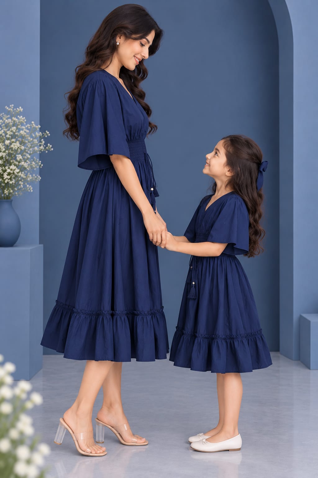 Mom & Daughter Navy Blue Solid Cotton V-Neck Smocked Waist Flared Dress