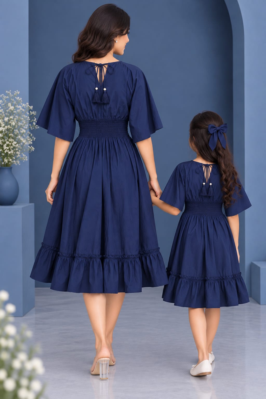 Mom & Daughter Navy Blue Solid Cotton V-Neck Smocked Waist Flared Dress