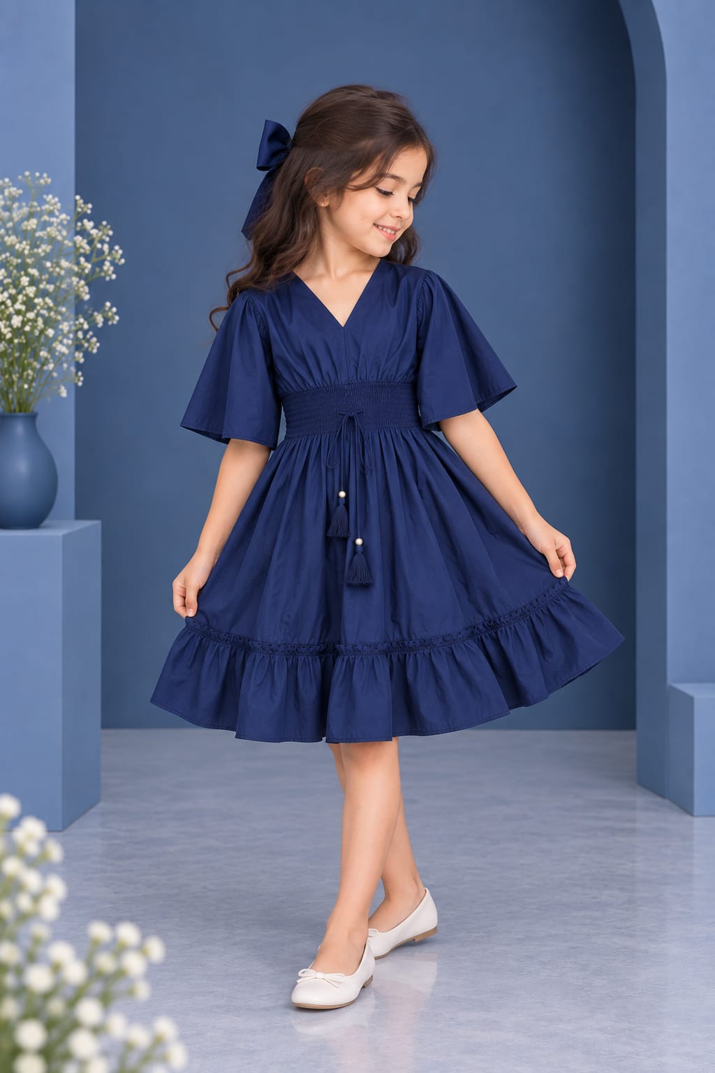 Navy Blue Matching Family Outfit Set – Men’s Casual Shirt with Women’s & Girl’s V-Neck Smocked Waist Flared Dresses