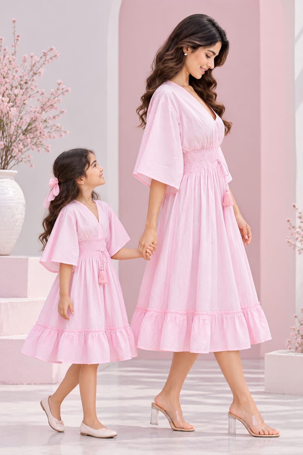 Mom & Daughter Pink Solid Cotton V-Neck Smocked Waist Flared Dress