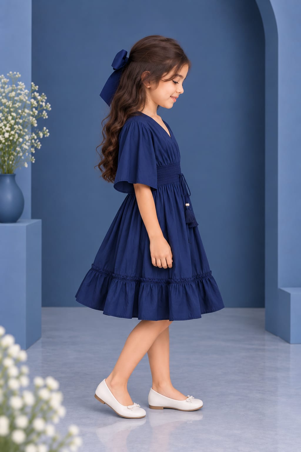 Girl's Midnight Navy Smocked Ruffle Kaftan Dress