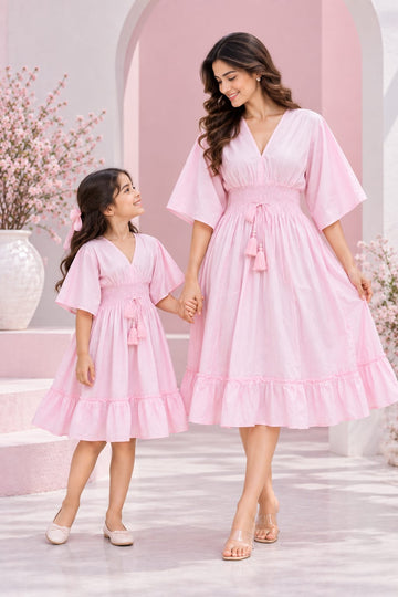 Mom & Daughter Pink Solid Cotton V-Neck Smocked Waist Flared Dress