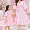 Mom & Daughter Pink Solid Cotton V-Neck Smocked Waist Flared Dress