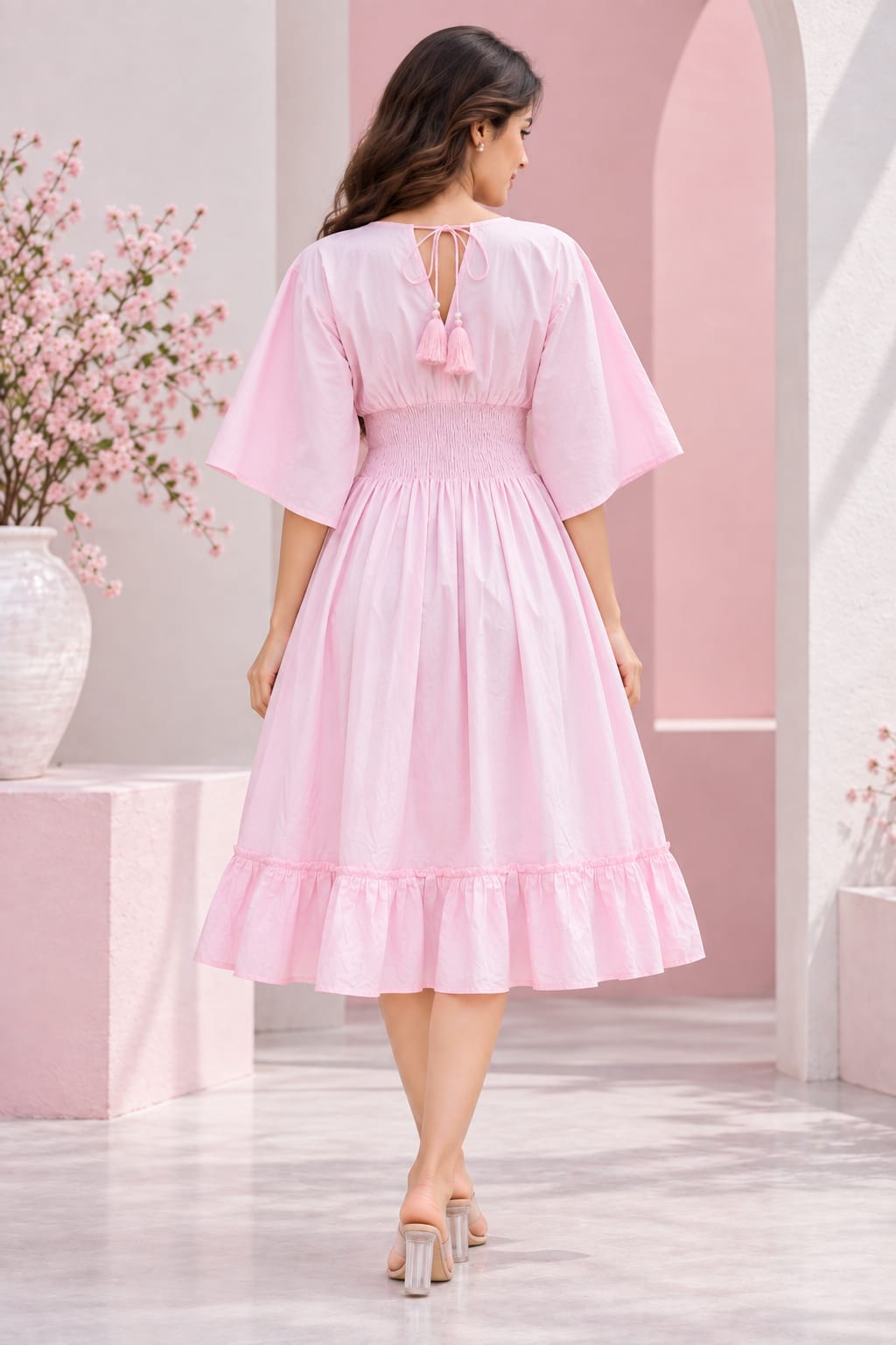 Blush Pink Smocked Ruffle Kaftan Dress