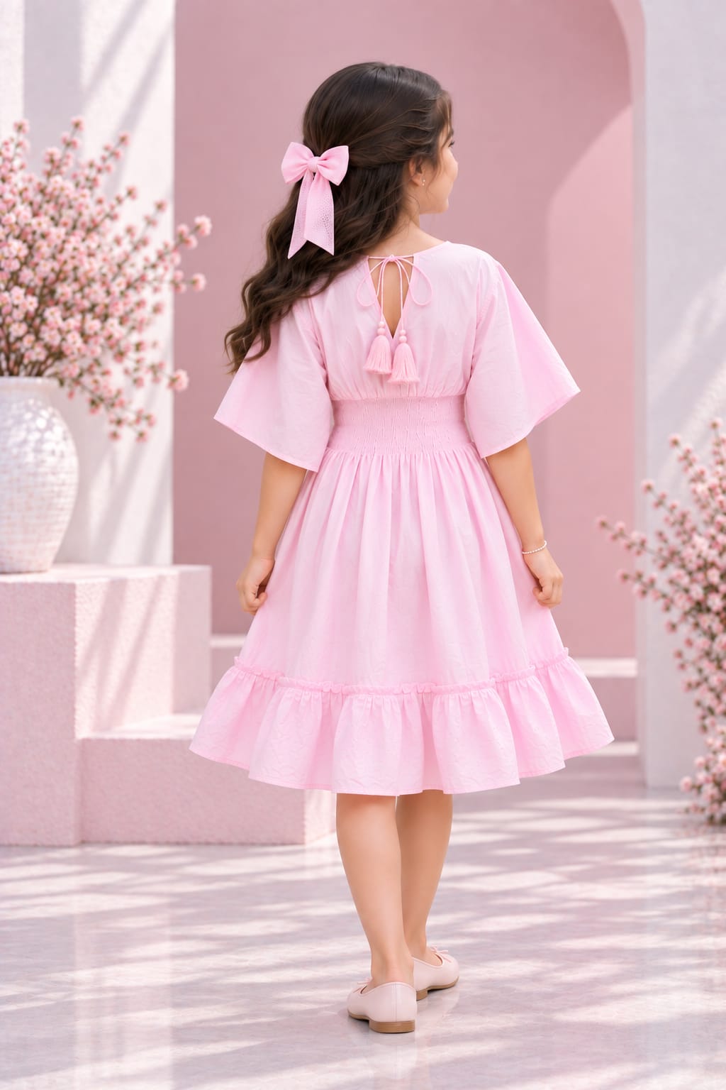 Girl's Blush Pink Smocked Ruffle Kaftan Dress