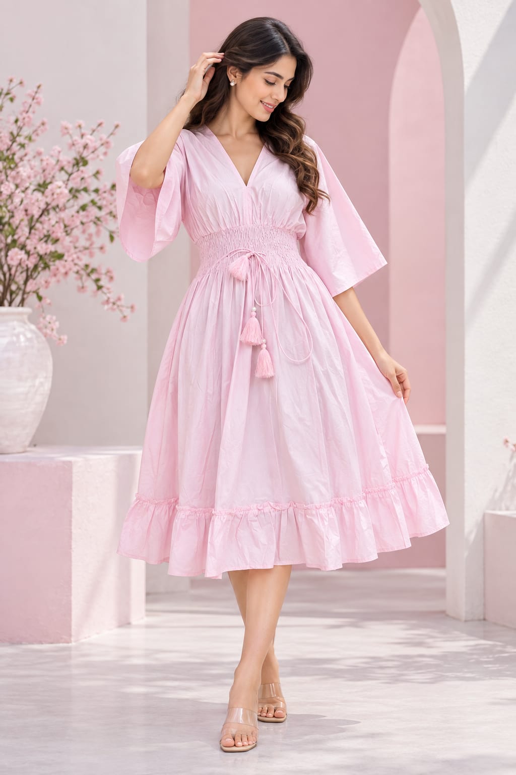 Couple’s Blush Pink Shirt & Smocked Flared Dress – Elegant Matching Outfit Set