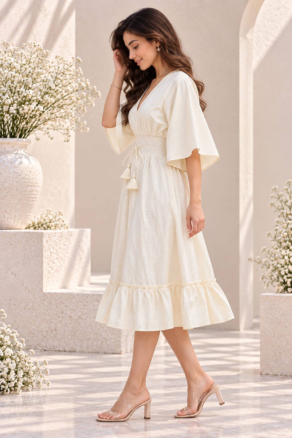 Ivory Pearl Smocked Ruffle Kaftan Dress
