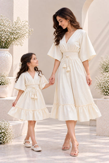 Mom & Daughter Ivory White Solid Cotton V-Neck Smocked Waist Flared Dress