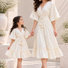 Mom & Daughter Ivory White Solid Cotton V-Neck Smocked Waist Flared Dress