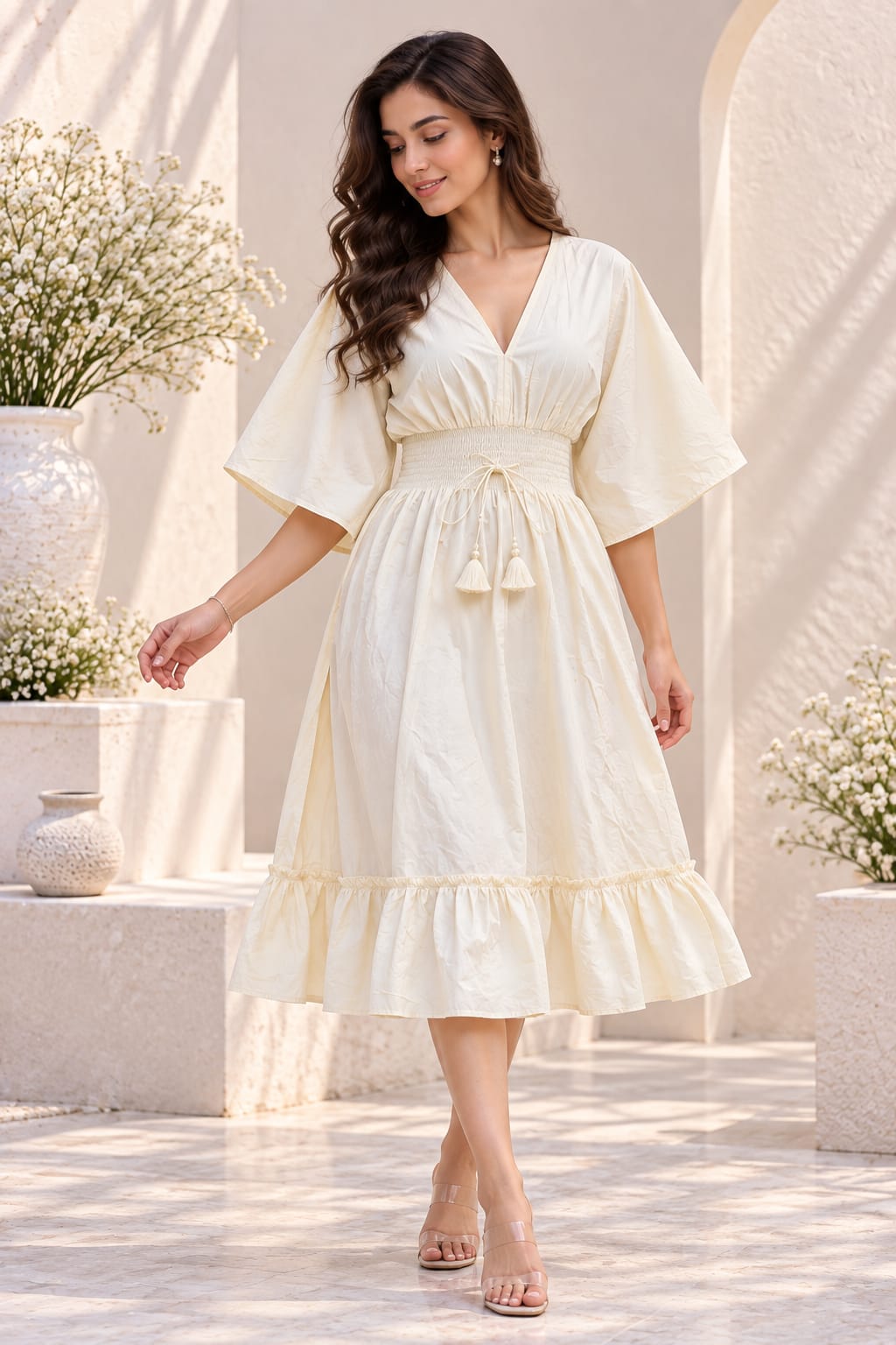 Couple’s Ivory White Shirt & V-Neck Smocked Flared Dress – Elegant Matching Couple Outfit Set