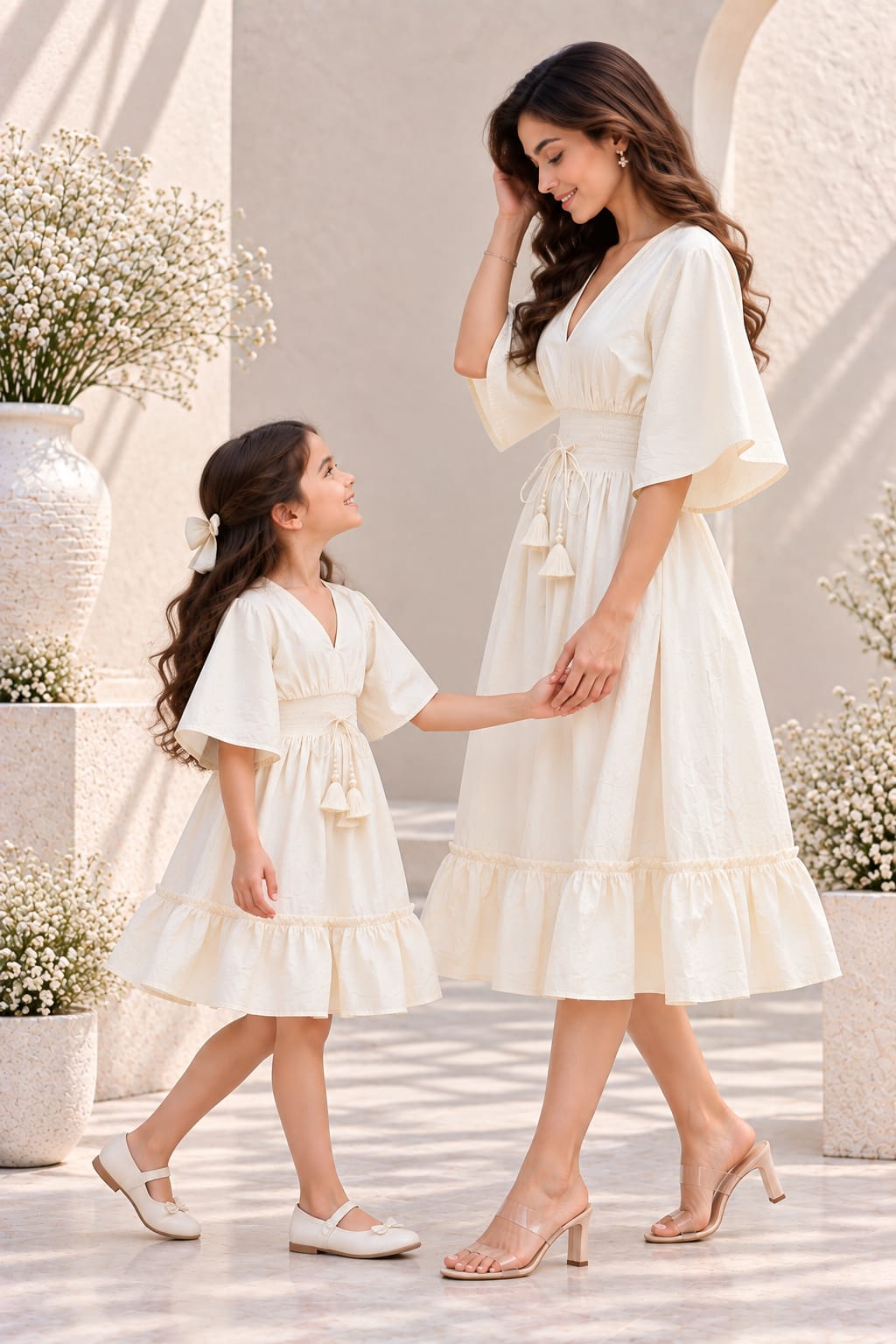 Mom & Daughter Ivory White Solid Cotton V-Neck Smocked Waist Flared Dress