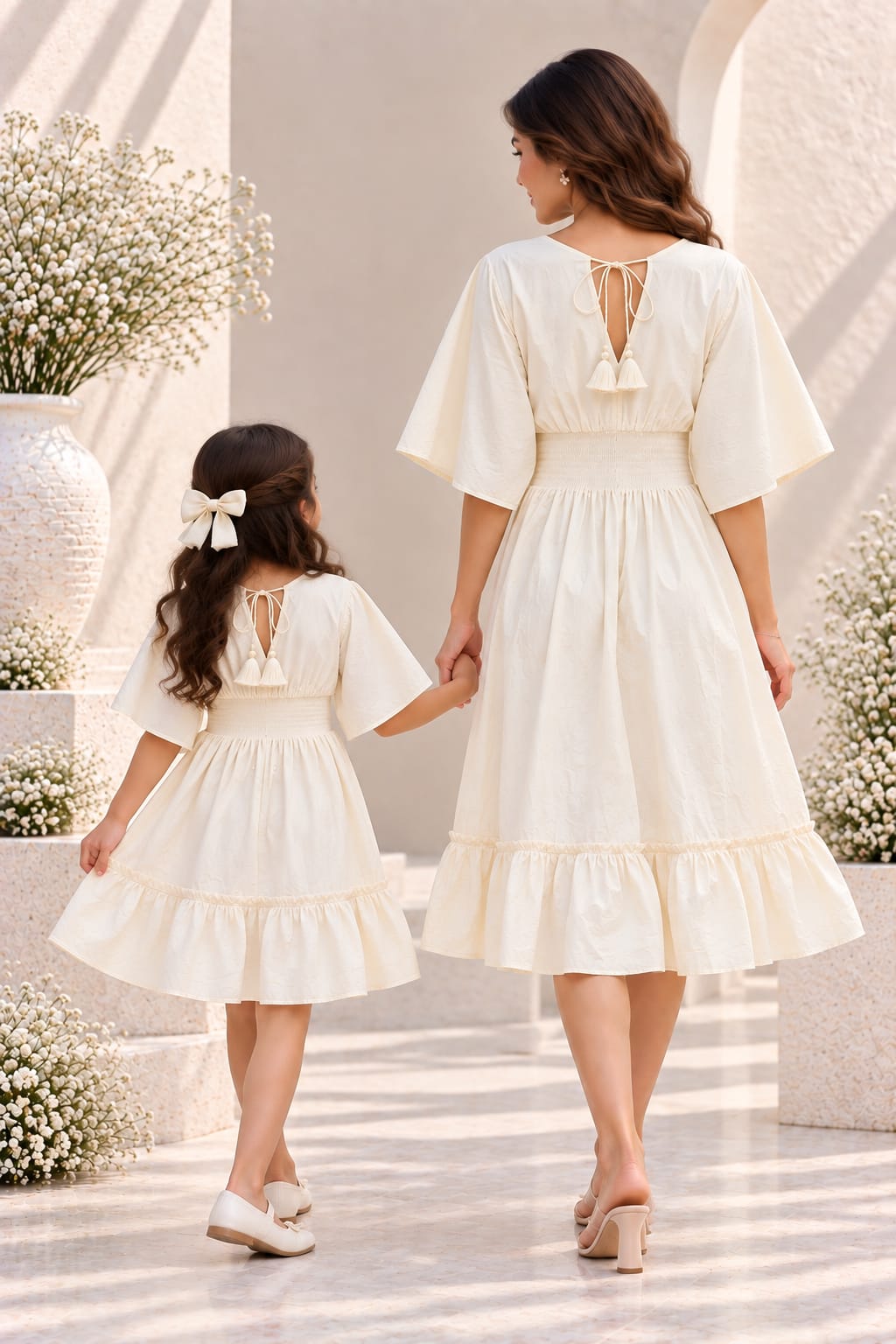 Mom & Daughter Ivory White Solid Cotton V-Neck Smocked Waist Flared Dress