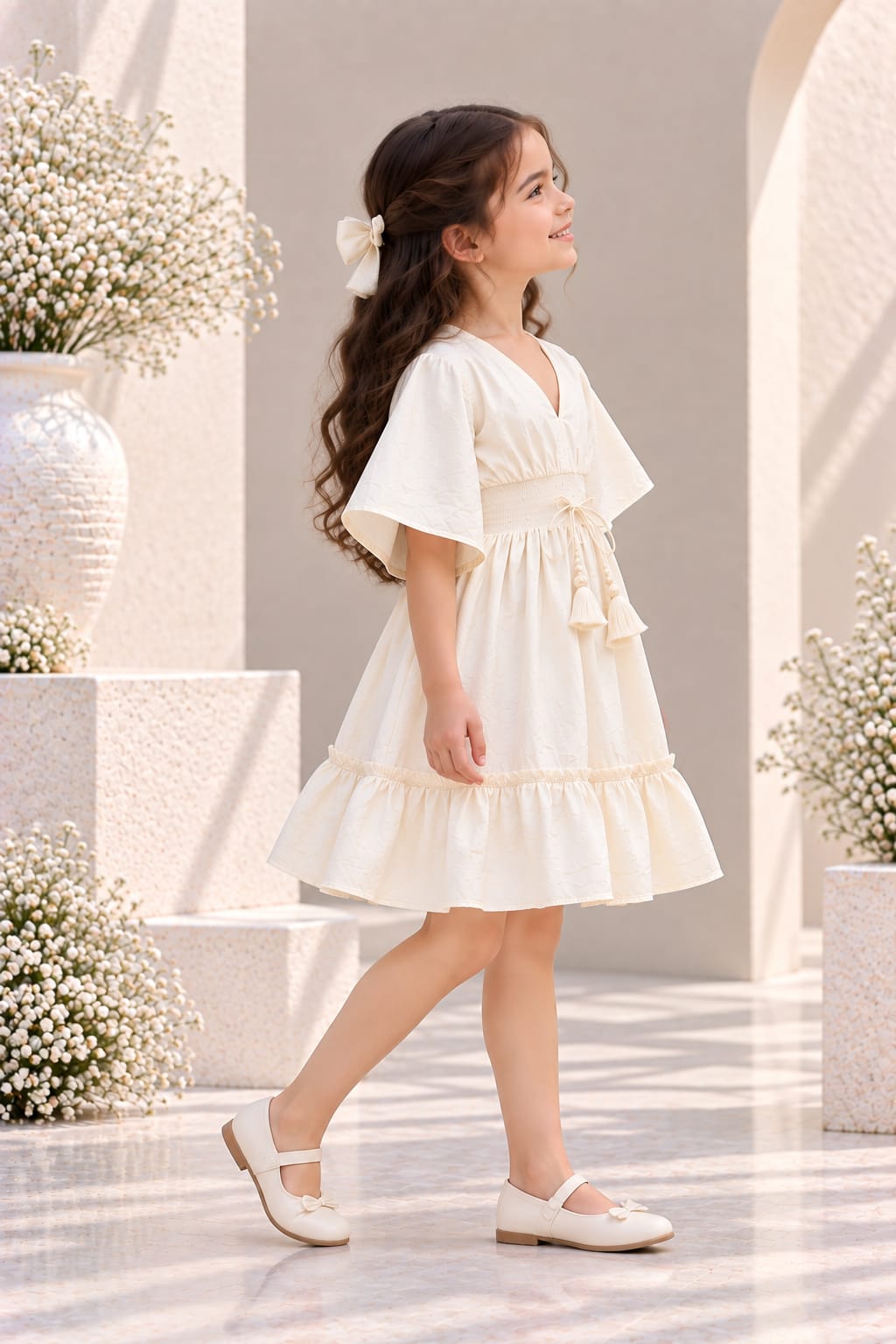 Girl's Ivory Pearl Smocked Ruffle Kaftan Dress