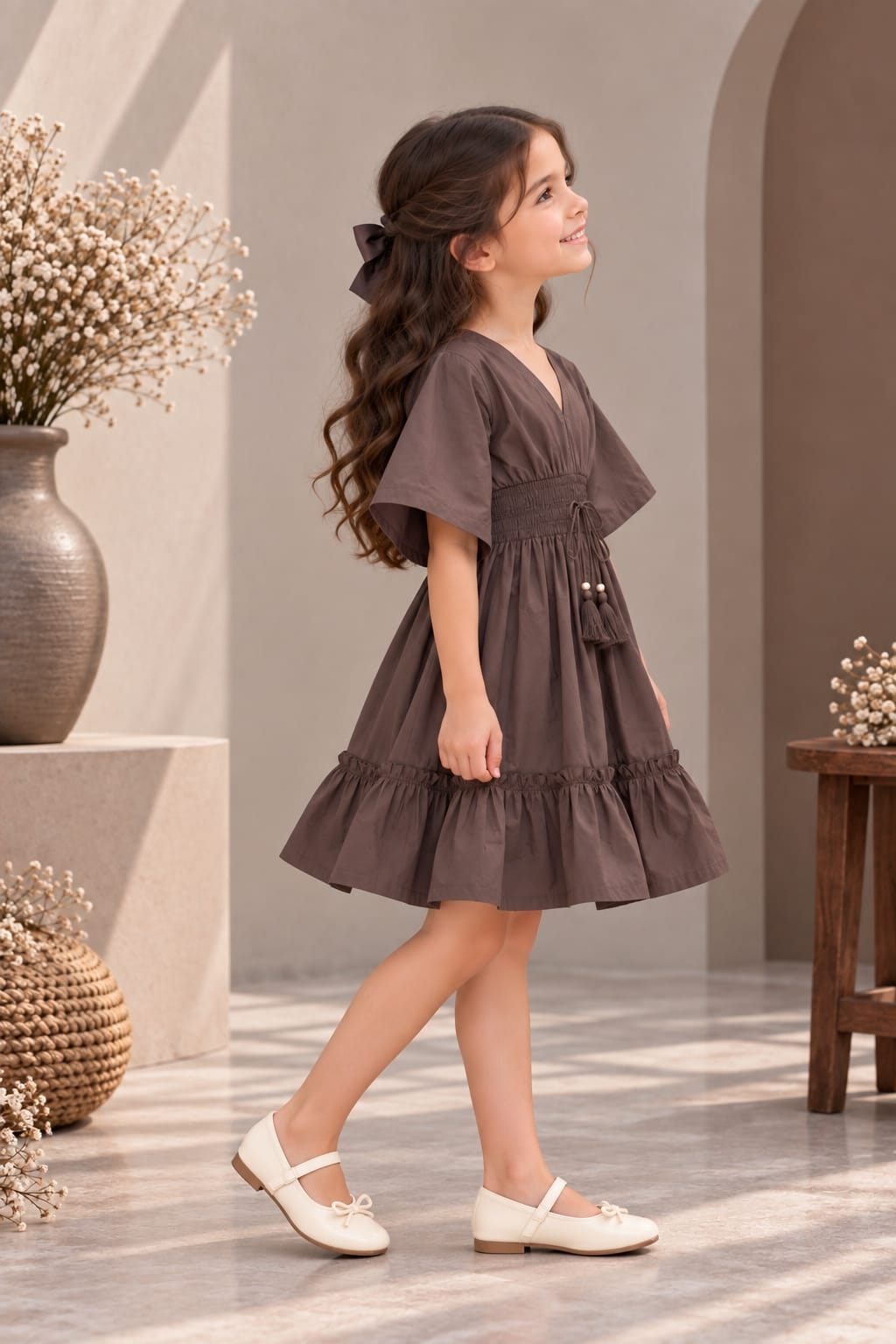 Girl's Mocha Brown Smocked Ruffle Kaftan Dress