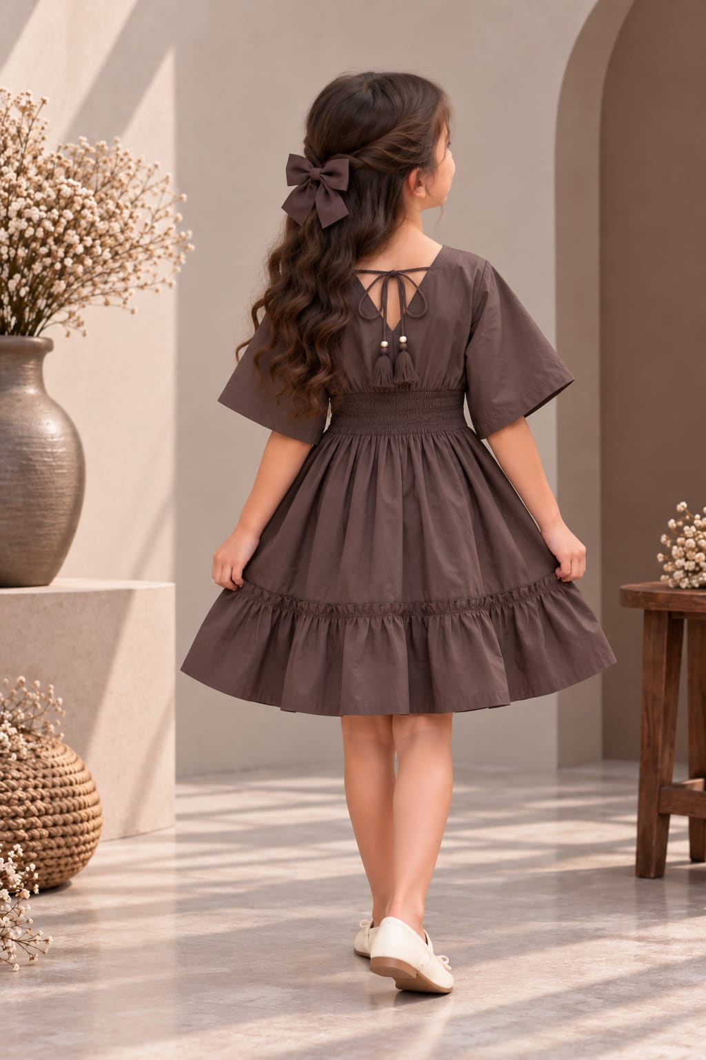 Girl's Mocha Brown Smocked Ruffle Kaftan Dress