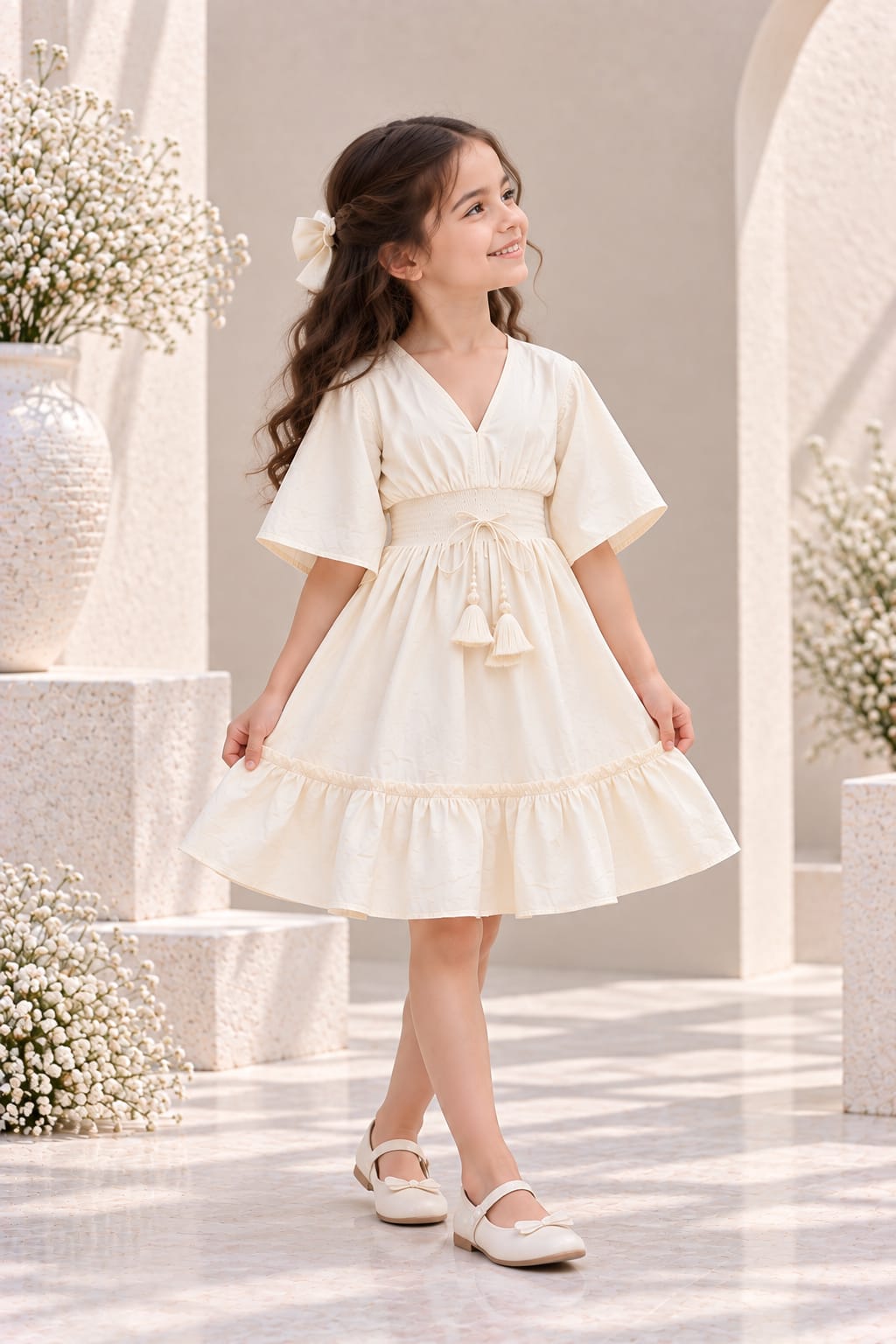 Girl's Ivory Pearl Smocked Ruffle Kaftan Dress