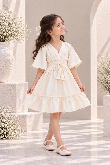 Girl's Ivory Pearl Smocked Ruffle Kaftan Dress