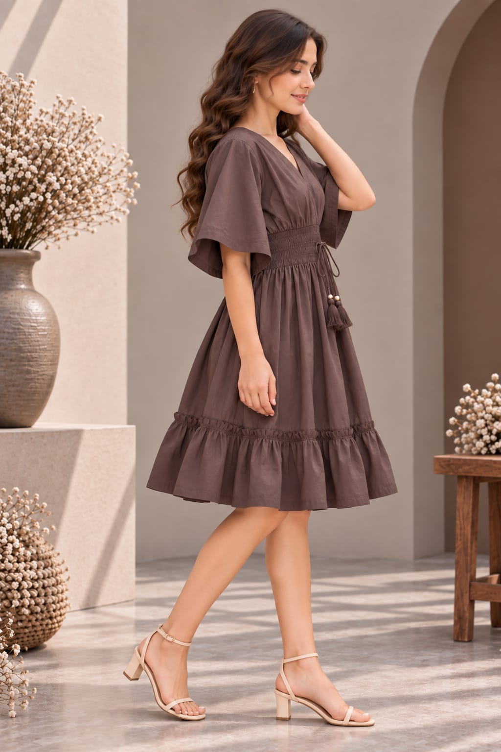 Mocha Brown Smocked Ruffle Kaftan Dress